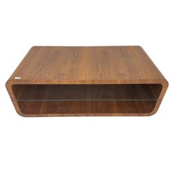 Contemporary walnut coffee table, curved rectangular form, fitted with central glass shelf