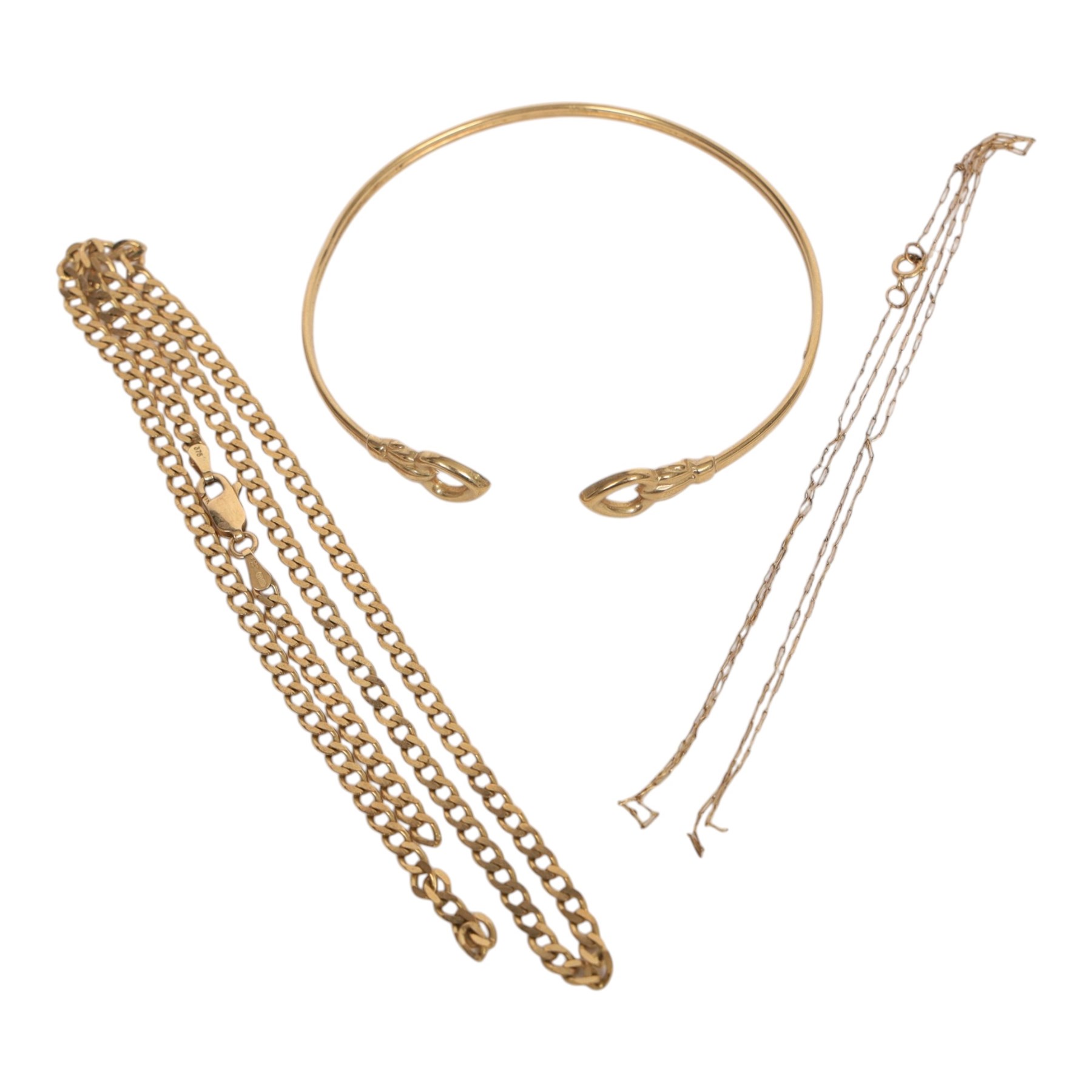 9ct gold jewellery, comprising bangle with metal core, curb link chain and fine chain