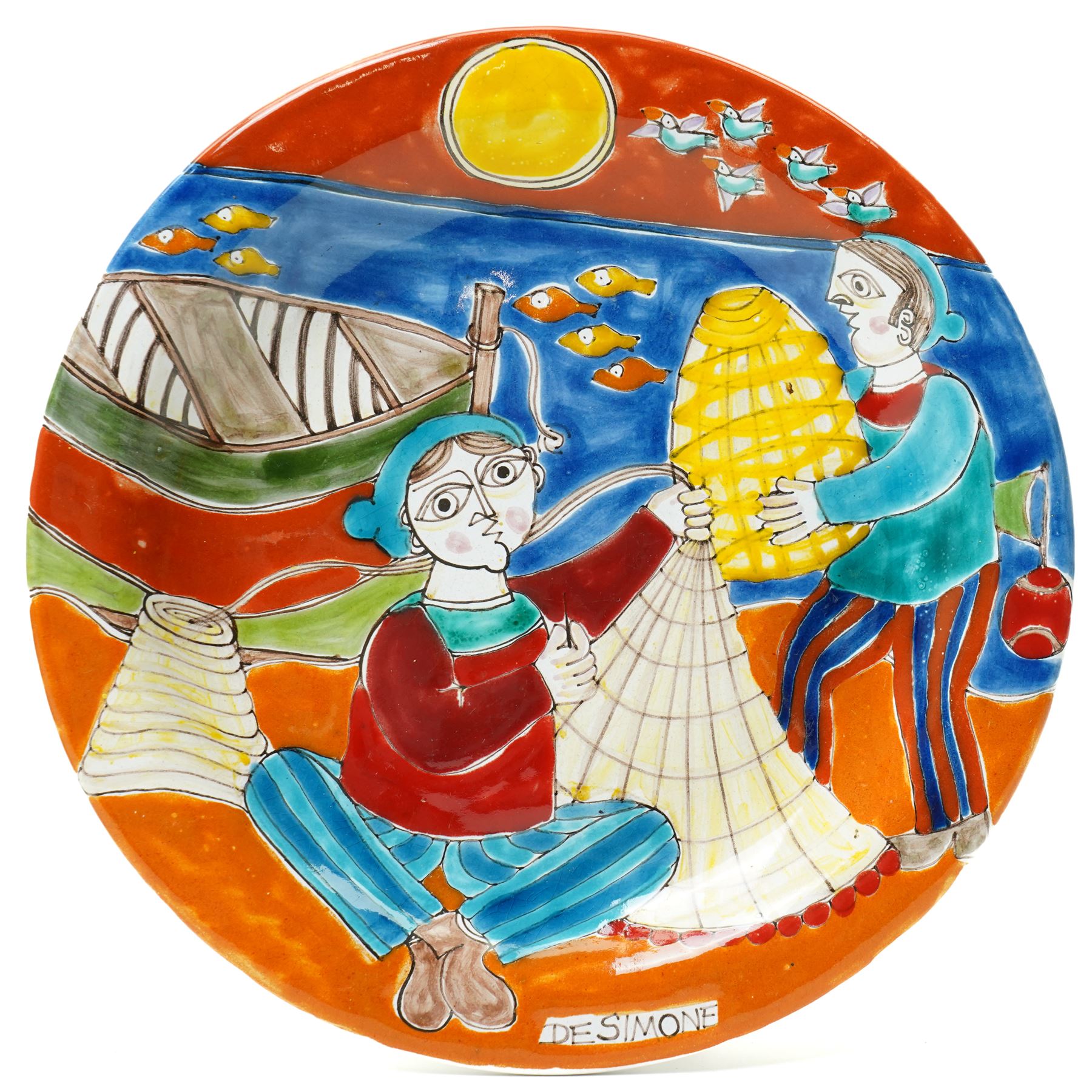 Giovanni DeSimone - two hand-painted mid-century plates, each incised and polychrome enamelled, signed to the front , larger plate D25cm