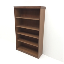 Georgian style mahogany open bookcase, dentil frieze, four shelves, platform base, W94cm, H154cm, D31cm
