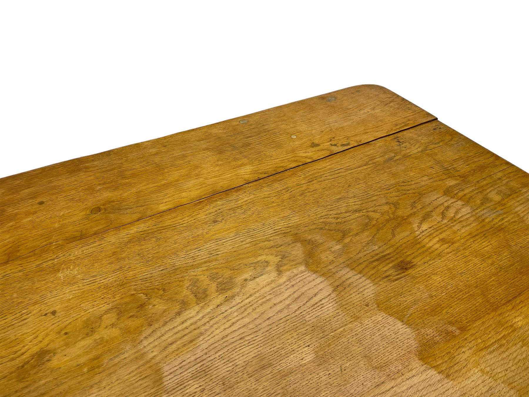 Gnomeman - large oak refectory dining table, rectangular adzed top on shaped end supports with sledge feet, united by pegged stretcher, carved with gnome signature, by Thomas Whittaker, Little Beck