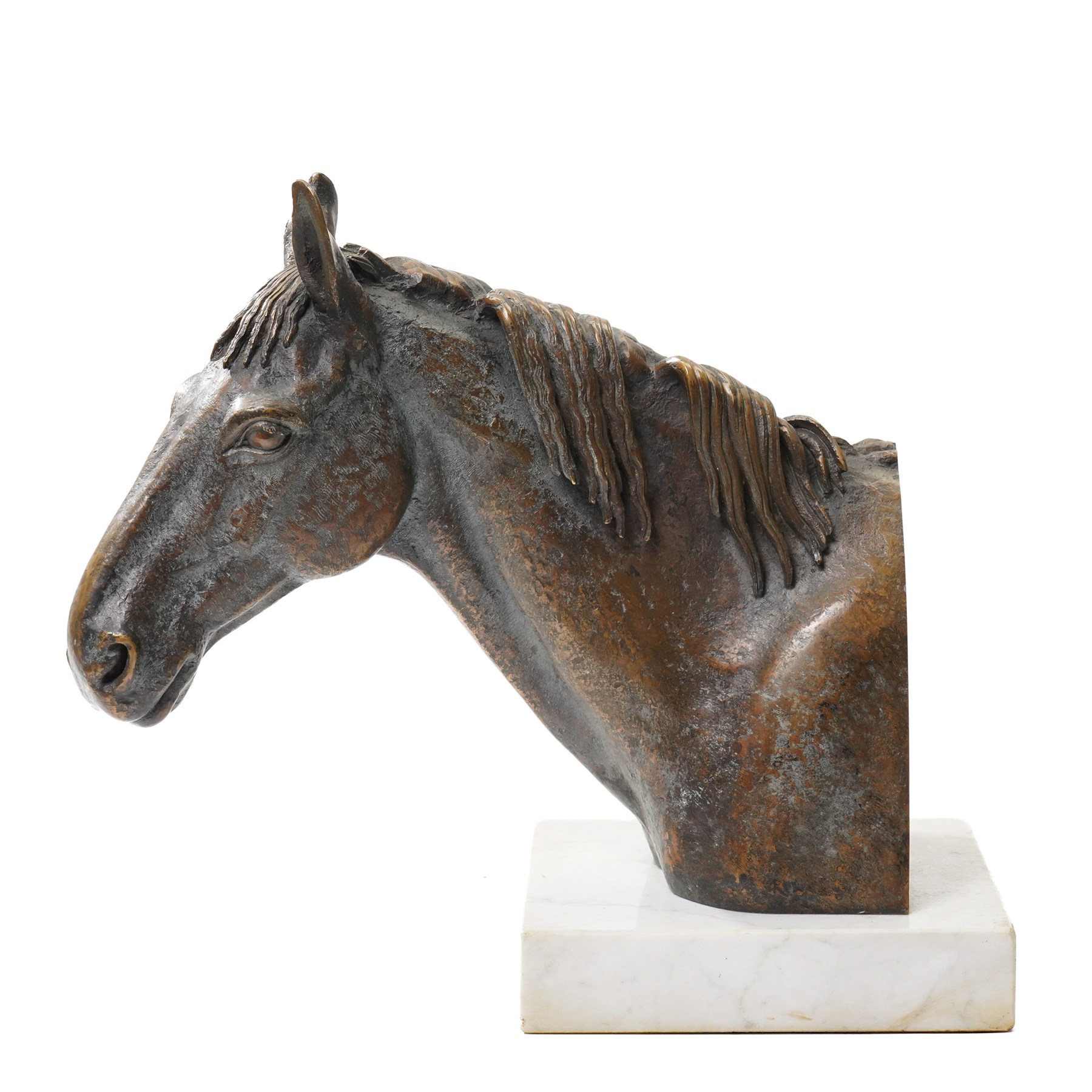 Sally Arnup FRBS ARCA (1930-2015): Study of Horse's Head, bronze, signed and numbered I/X, mounted on white marble base, including base H30.5cm 