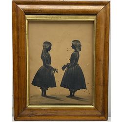 Samuel Metford (British 1810-1896): Victorian Silhouette of Two Girls - One Holding a Rose One Holding a Book, cut silhouette highlighted in gold with painted shadow base signed 23cm x 18cm
