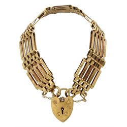 9ct gold five bar gate bracelet, with heart locket clasp, hallmarked