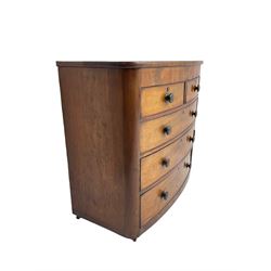 Late 19th century mahogany bow front chest, fitted with two short and three long cockbeaded drawers, on castors