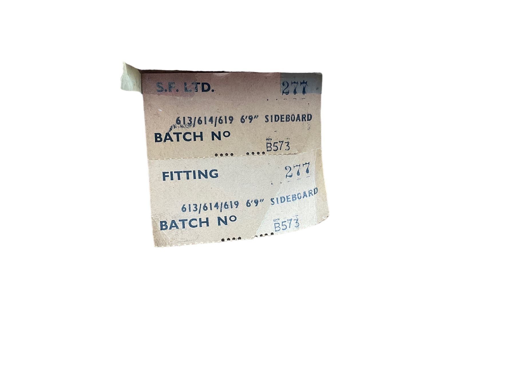 Stonehill Furniture (SF) Ltd - mid-20th century teak sideboard, rectangular topover three drawers, two cupboard doors and fall-front drinks cupboard, raised on square tapering supports