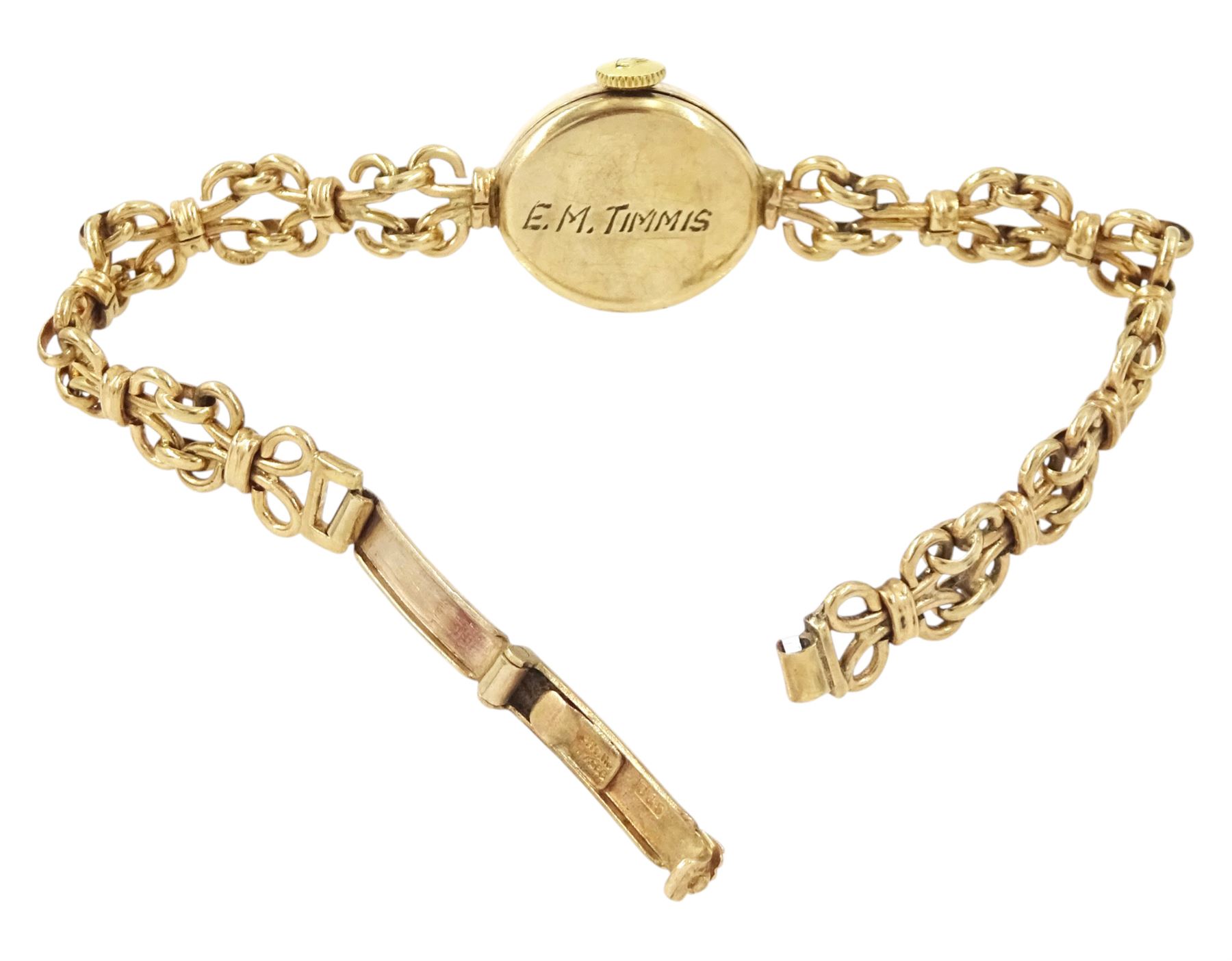 Tudor Royal ladies 9ct gold manual wind wristwatch, silvered dial with baton hour markers, Chester 1960, the back case engraved E.M.Timmis, on integral Rolex 9ct gold fancy link bracelet, hallmarked, boxed
