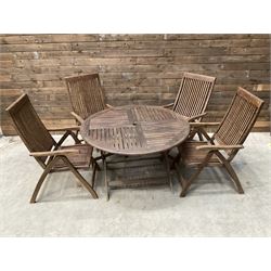 Garden teak table with set four high back reclining chairs