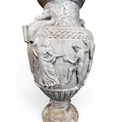 Early 20th century painted plaster classical urn, detailed with swan necks and mythical scenes