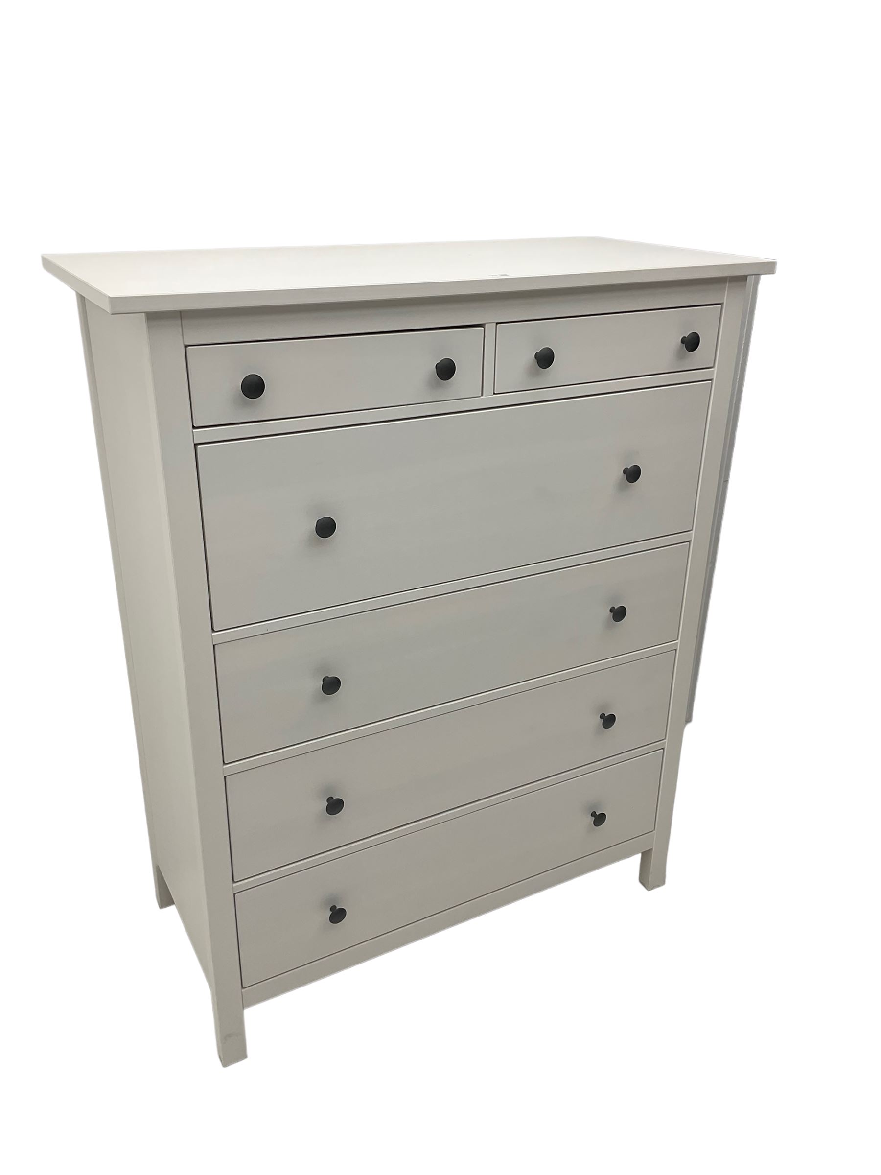IKEA - 'Hemnes' white finish straight-front chest, fitted with two short and four long drawers; and IKEA - 'Hemnes' pair white finish bedside chests, fitted with two drawers