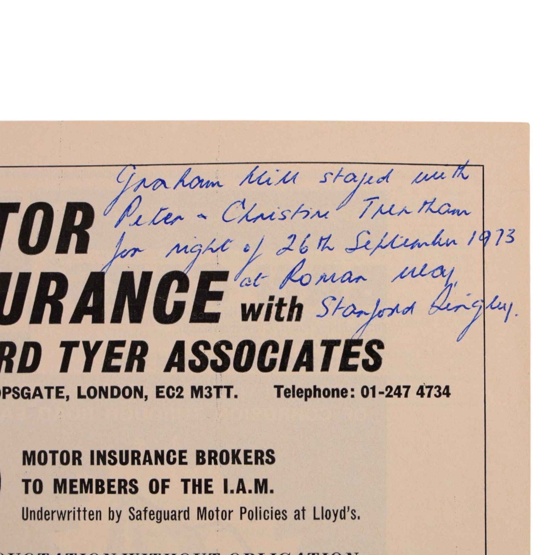 Signed Formula 1 memorabilia, including 1973 Milestones magazine signed to the front cover by Graham Hill and three signed photographs comprising Jackie Stewart, Jack Bradbury and Mario Andretti, with certificate of authenticity from Chaucer Auctions