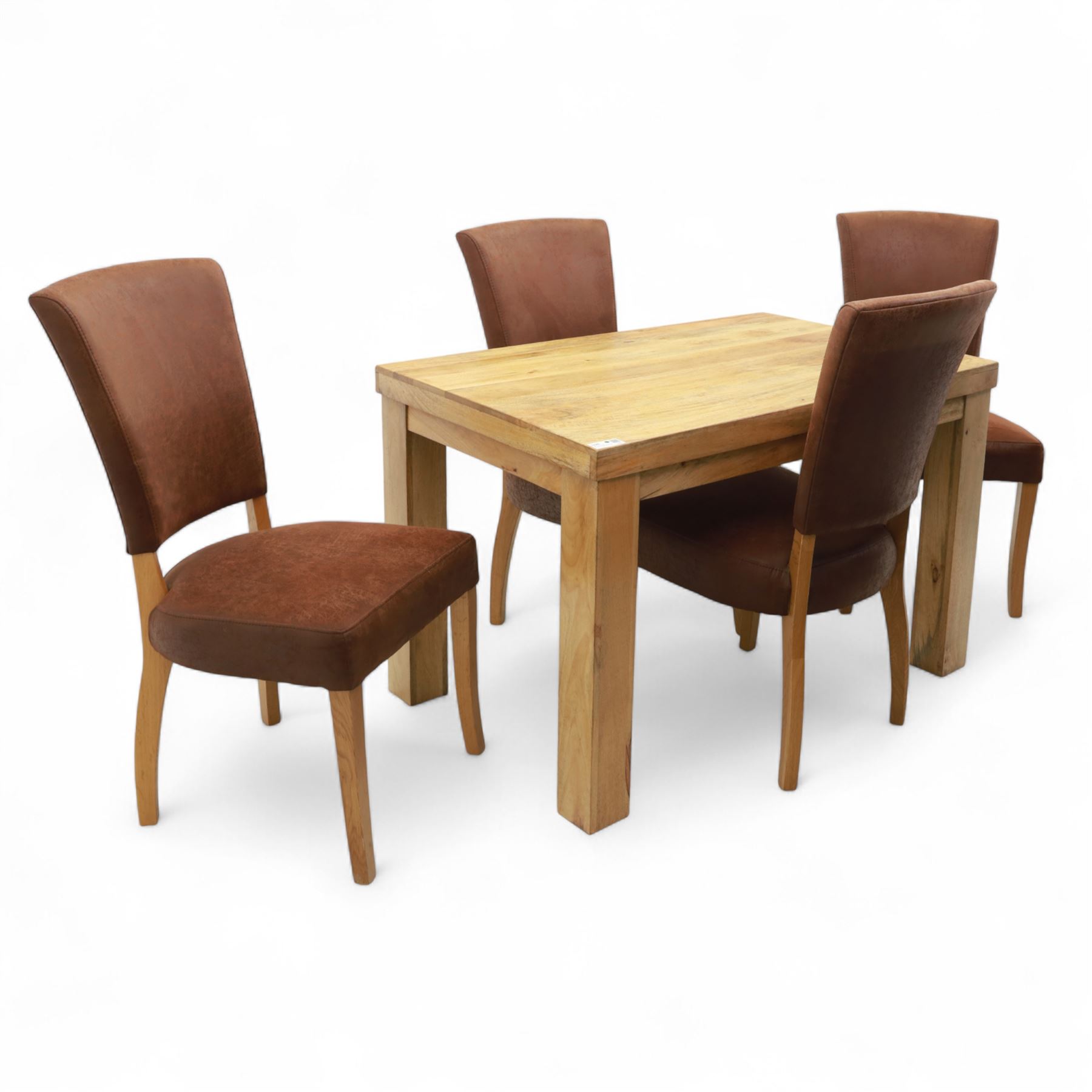 Contemporary oak dining suite, comprising rectangular table with solid top and square legs, together with four brown leather upholstered dining chairs with oak legs (5)