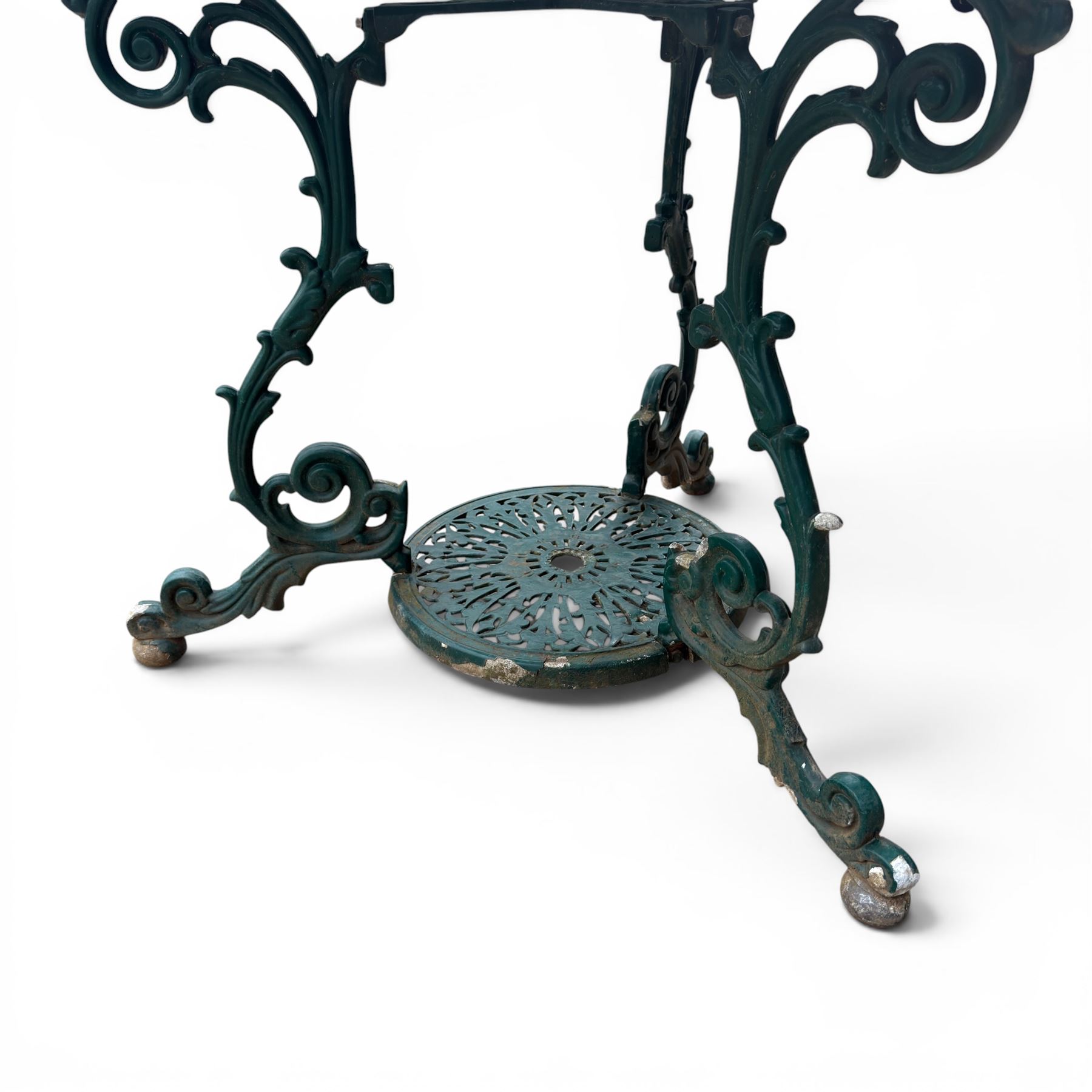 Victorian style cast aluminium garden table and four armchairs chairs in a weathered green finish