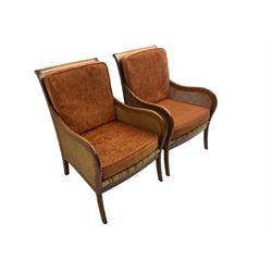 Pair cherry wood bergere armchairs, cane work back and sides, with upholstered loose cushions 