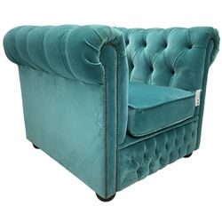 Sofas by Saxon - Chesterfield shape armchair, upholstered in buttoned aqua blue velvet fabric