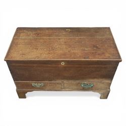 19th century oak mule chest, with lidded top above two short drawers, raised on bracket feet