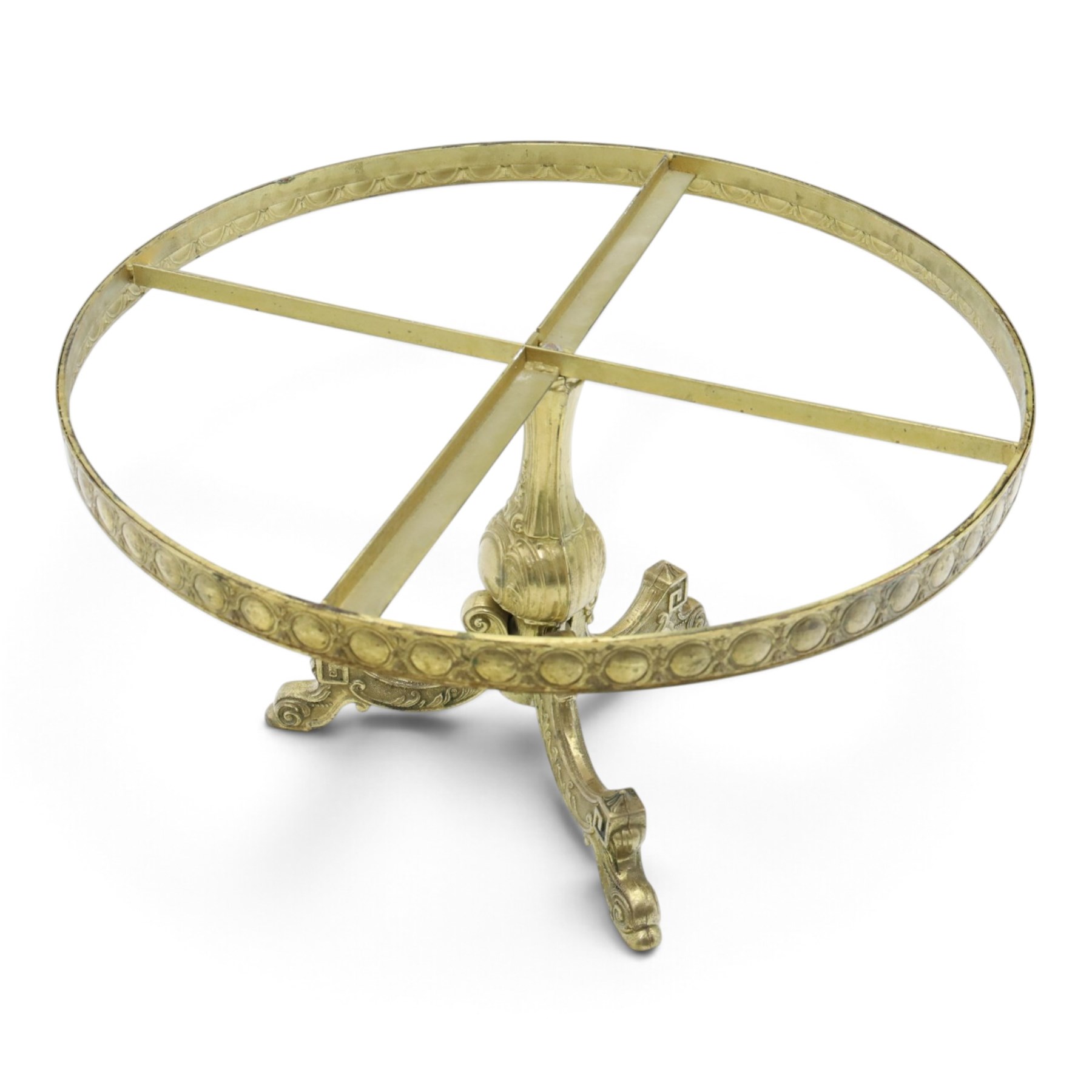 Victorian design marble topped gilt metal coffee table, circular cream and orange veined marble top with moulded edge, cast frieze with repeating roundel decoration, raised on a three scrolled supports 