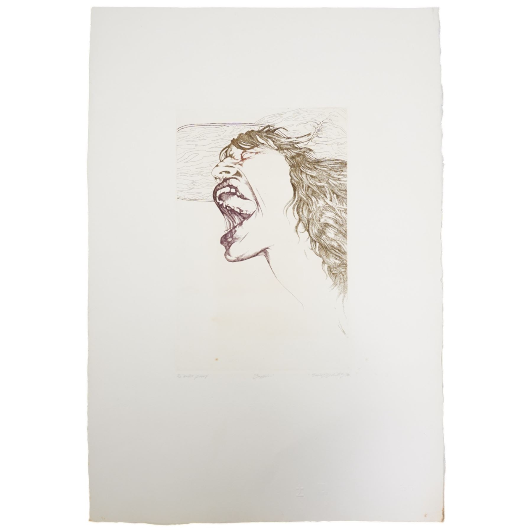 David Oxtoby (Yorkshire Pop Artist 1938-): Mick Jagger (Rolling Stones) - 'Golden Years' 'Jaggin' and 'Jagger Sketch', lithograph and etching in colours and pen and ink sketch signed titled and dated 1978 & '74 in pencil and pen, numbered 2/30 AP & 6/10 artists proof, respectively, max 68cm x 56cm (3) (unframed)