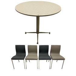 Circular white granite and chrome pedestal bistro table (D91cm, H75cm), and set four chairs, two in light grey and two in darker grey 