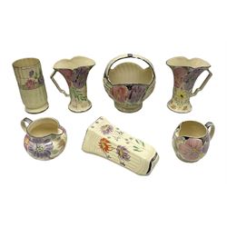 Collection of 1930s Art Deco Arthur Wood ceramics, decorated in floral pattern 3028, with silvered rims, to include pair of vases, basket, jugs, wall pocket etc, largest H22cm