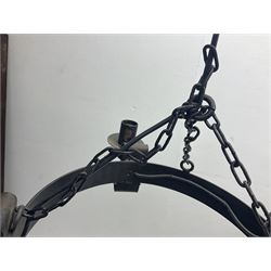 Pair of gothic style wrought iron ceiling lights, each with four branches, D58cm