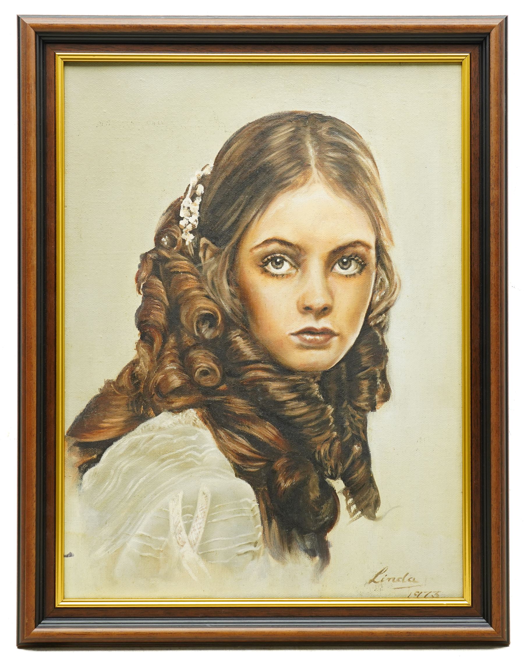 American School (Mid-20th century): Portrait of Girl, oil on canvas inscribed 'Linda' and dated 1973, 40cm x 30cm