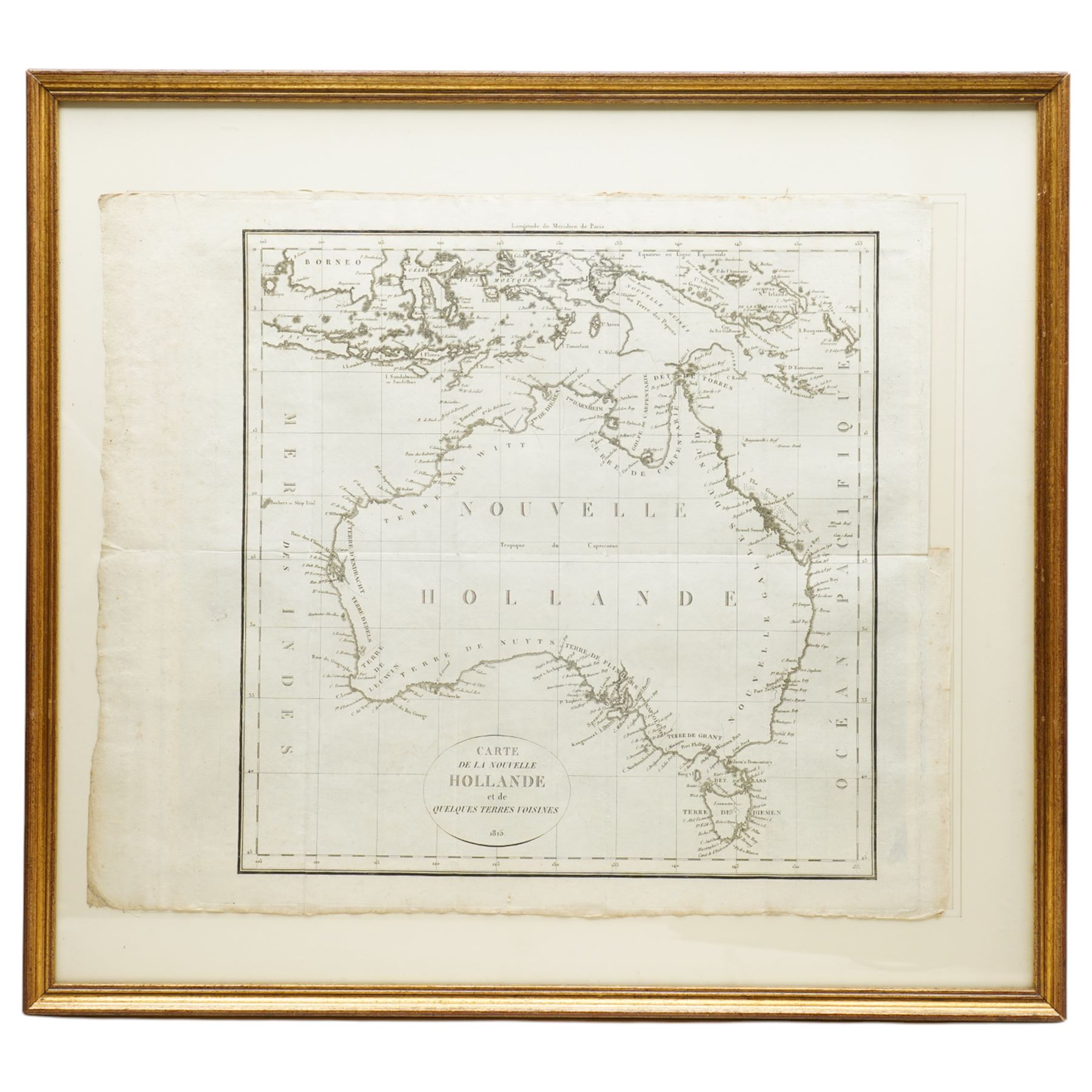 French School (Early 19th century): 'Carte de la Nouvelle Hollande et de quelques terres voisines', early 19th century engraved map of Australia (New Holland) with Papua New Guinea and Indonesia pub. 1815, 41cm x 48cm
Notes: scarce map published a year after Flinders’s Voyage to Terra Australis, with some of his place-names adopted but many of the French names retained