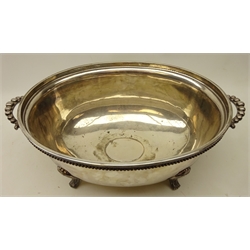  Large Victorian Elkington plate oval meat dish cover, converted to a wine cooler, with beaded borders and handles, with engraved coat of arms, L48cm   