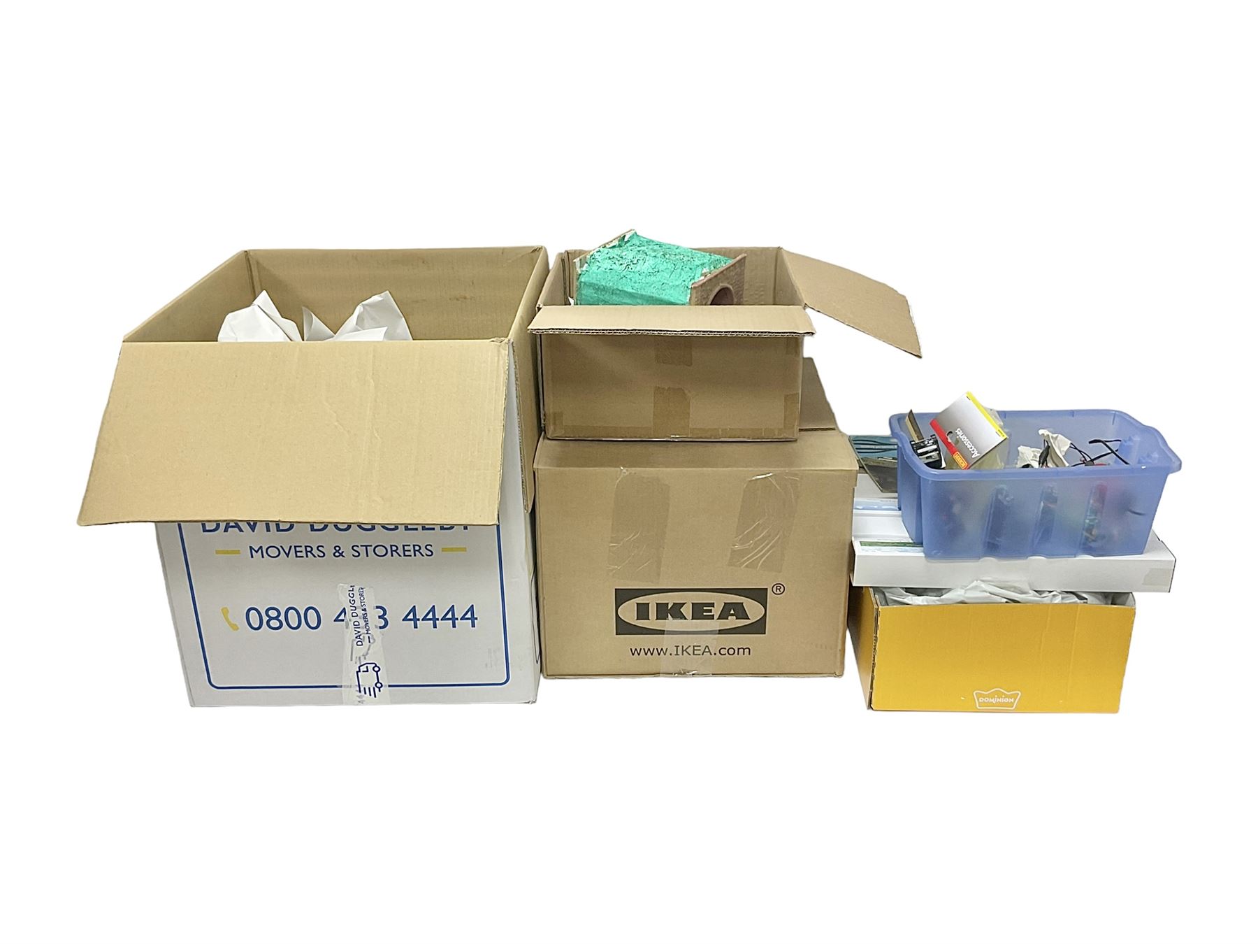 Extensive collection of scratch built buildings for use on ‘00’ gauge model railway layout, small amount of accessories and tools with a quantity of railway magazines and leaflets, in three boxes 