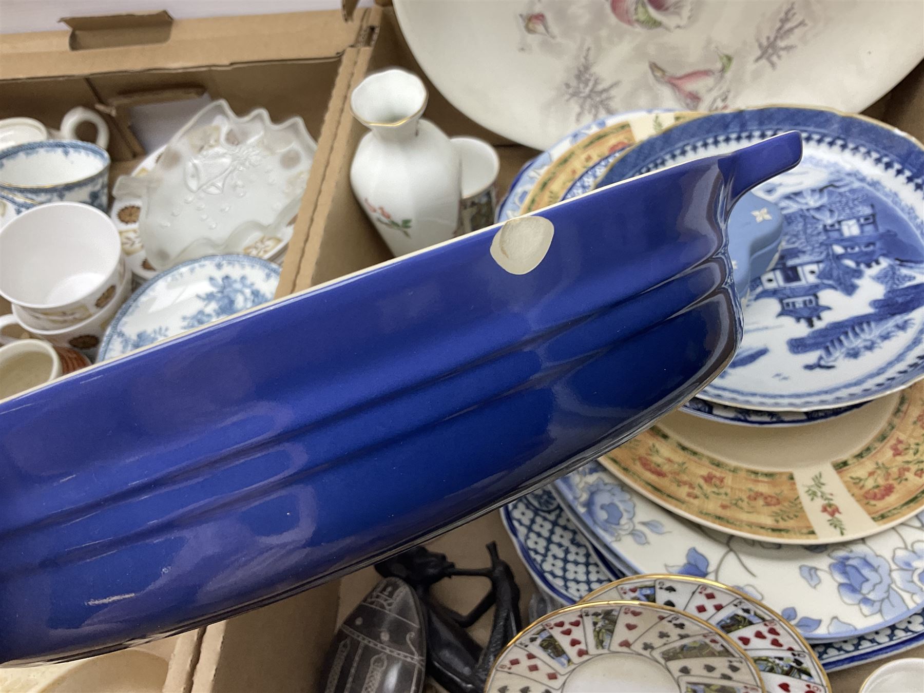 Portmeirion Botanic Garden jug, Poole Pottery planter, Denby coffee pot, Wedgwood Jasperware trinket box, Le Creuset oven dish and a collection of other ceramics, etc, in four boxes 