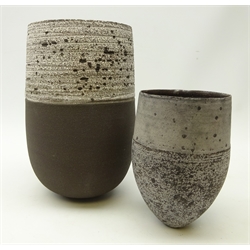  Stephanie Black (British, Contemporary) two hand thrown textured vases, H25.5cm & H17cm (2)  
