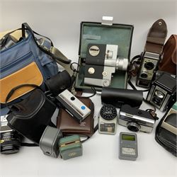 Vintage and later cameras and accessories including Yashica FX-D camera body with Yashica 'ML 28mm 1:2.8' lens, various light meters, G.B.- Bell & Howell 624 8mm, Sankyo auto-4X etc, in one box