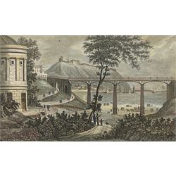 Edward Francis Finden (British 1791-1857) after William Westall (British 1781-1850): 'Whitby Yorkshire', engraving with hand-colouring together with after Nathaniel Whittock (British 1791-1860): 'The Museum and New Bridge - Scarborough', engraving with hand colouring and 'A Perspective View of Scarborough', 19th century engraving with hand-colouring max 15cm x 31cm (3)