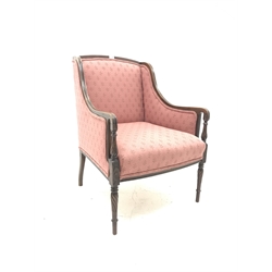 Early 20th century mahogany framed armchair, down swept moulded frame with turned and twist fluted supports, upholstered in pink fabric, sprung seat, W63cm