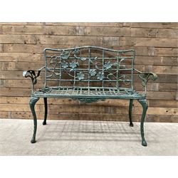 Cast aluminium garden dining set, comprising ornate circular table (D91cm, H68cm) a two seater bench, on cabriole supports (W118cm, H93cm, D55cm), and two matching armchairs (W55cm, H95cm, D54cm)