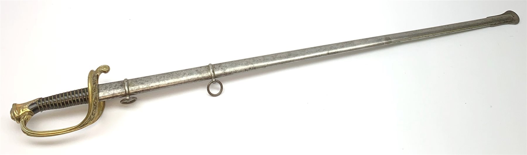 Early 19th century French Officer's sword, 85cm double edged triple fullered blade inscribed with French armourer's mark and dated 1816, brass hilt by Rouart a Paris (1825-1850) with open foliate decoration and ebony grip, steel scabbard, overall 102cm