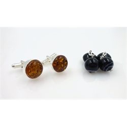  Pair of silver and amber cufflinks pair and a black onyx and agate pair  