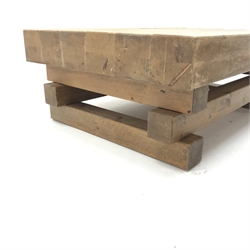  Solid pine coffee table, square timber supports, W122cm, H46cm, D88cm  