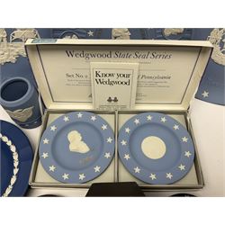 Collection of Wedgwood Jasperware, to include black Eisenhower Bust, two black basalt paperweights, one depicting an eagle and one depicting Julius Caesar, a blue Zodiac plate, Man on the Moon commemorative plate, American Independence Bicentennial plate and Royal commemorative ware, etc, all with impressed marks beneath, some with boxes