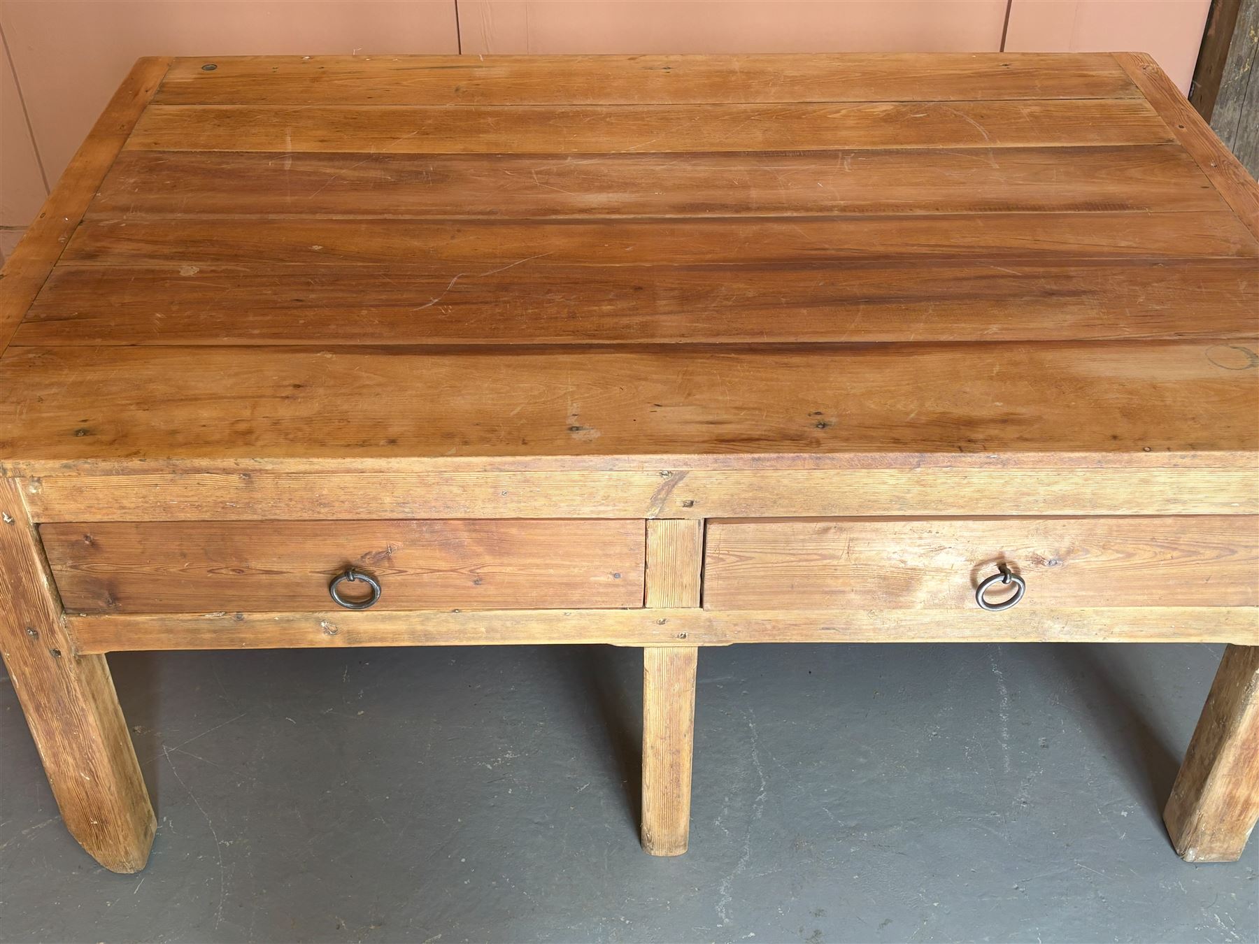 Large pine bakers table, early 20th century, the beech top above two drawers, all standing on ten square section supports, ideal for a kitchen island. H81cm, 182cm x 119cm.  - COLLECTION BY APPOINTMENT FROM: The White House, Thirsk Road, Easingwold, York, YO61 3NF - CALL 01723 507111 TO ARRANGE