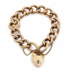19th/ early 20th century rose gold bracelet, polished and embossed links with heart padloc...