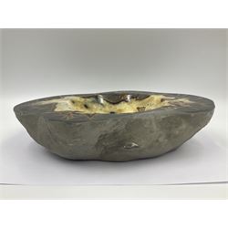 Septarian dish, with a calcite centre and argonite/siderite lines within limestone rock and rough outer edges, H6cm, L25cm
