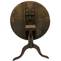 18th century oak tripod table, circular tilt top with wooden latch, on turned column with three splayed supports