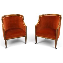 Pair of Edwardian inlaid mahogany tub armchairs, traditional shape with satinwood stringin...
