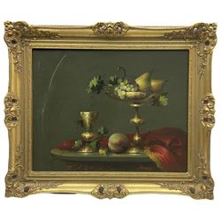 Jozsef Molnar (Hungarian 1939-): Still Life with Tazza Cup and Fruit, oil on canvas signed 39cm x 50cm
