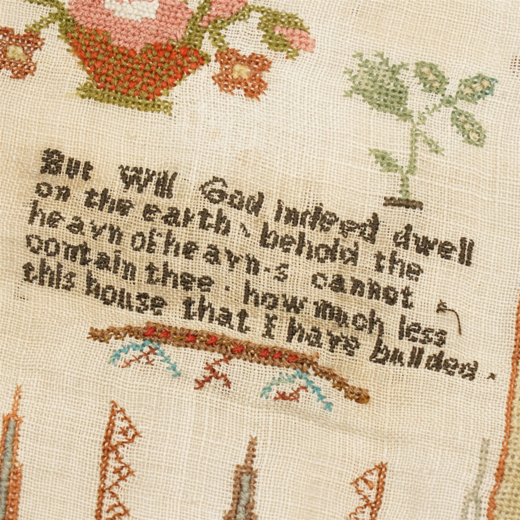19th century needlework sampler by Elizabeth Bottomley aged 8, 1836 with large building to the centre with trees, verse, flowers 58cm x 52cm unframed