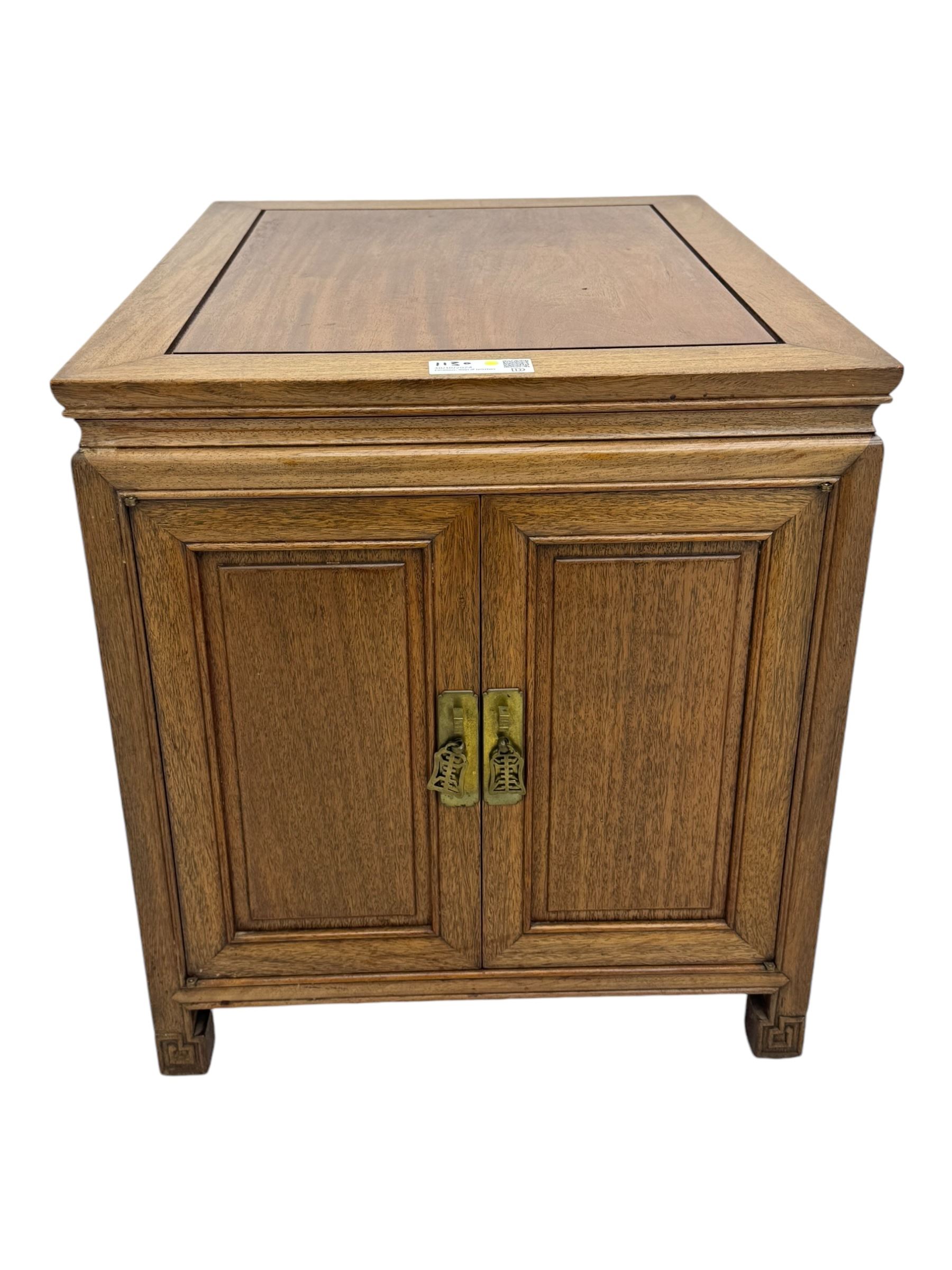 Chinese hardwood end table, rectangular form fitted with double cupboard, enclosed by panelled doors, on scroll carved supports (W51cm, H56cm, D66cm); Chinese hardwood end table, rectangular form fitted with single drawer over under tier (W51cm, H56cm, D66cm)