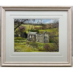 Peter Lapish (British 1937-): 'Bolton Abbey from the Cliff', acrylic on paper signed, titled verso 27cm x 36cm