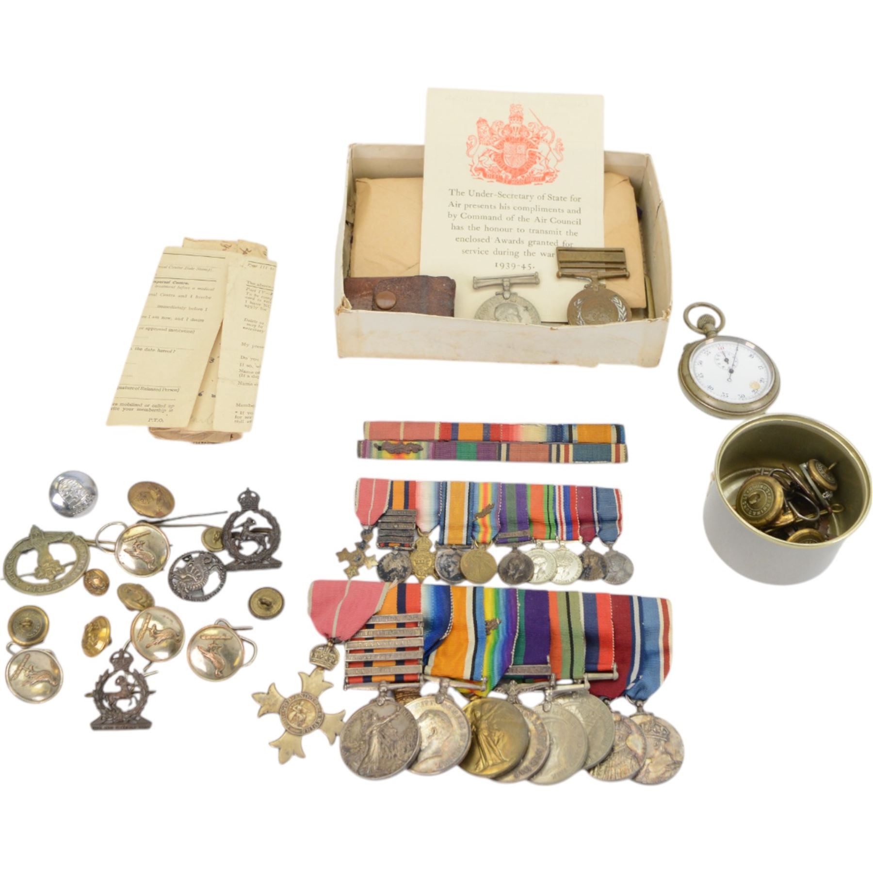 Group of ten medals awarded to Major P.T Sanders; George V OBE, Queens South Africa medal with five clasps Cape Colony, Orange Free State, Transvaal, South Africa 1901 and South Africa 1902, 1914 Star, WWI British War medal, Victory medal with M.I.D. oak leaves, General Service medal with Kurdistan clasp, WWII Defence medal, 1939 - 1945 medal, King George V Jubilee medal and George VI Coronation medal, together with matching miniature medal set and ribbon bar, Moise Dreyfuss stop watch Mk II, no.3907, PT Sanders bible from 24th company 8th battalion Imperial Yeomanry, photographs and other military items    
