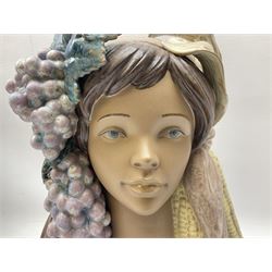 Lladro figure, Autumn Glow, modelled as a bust donning headpiece of grapes and corn husks, on mahogany base, limited edition 242/1500, sculpted by José Puche, with original box, no 2250, year issued 1993, year retired 1997, with framed warranty of authenticity and letters, H28cm